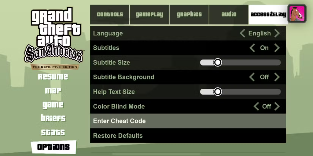 GTA San Andreas Pause Menu Options Accessibility Enter Cheat Code on iOS