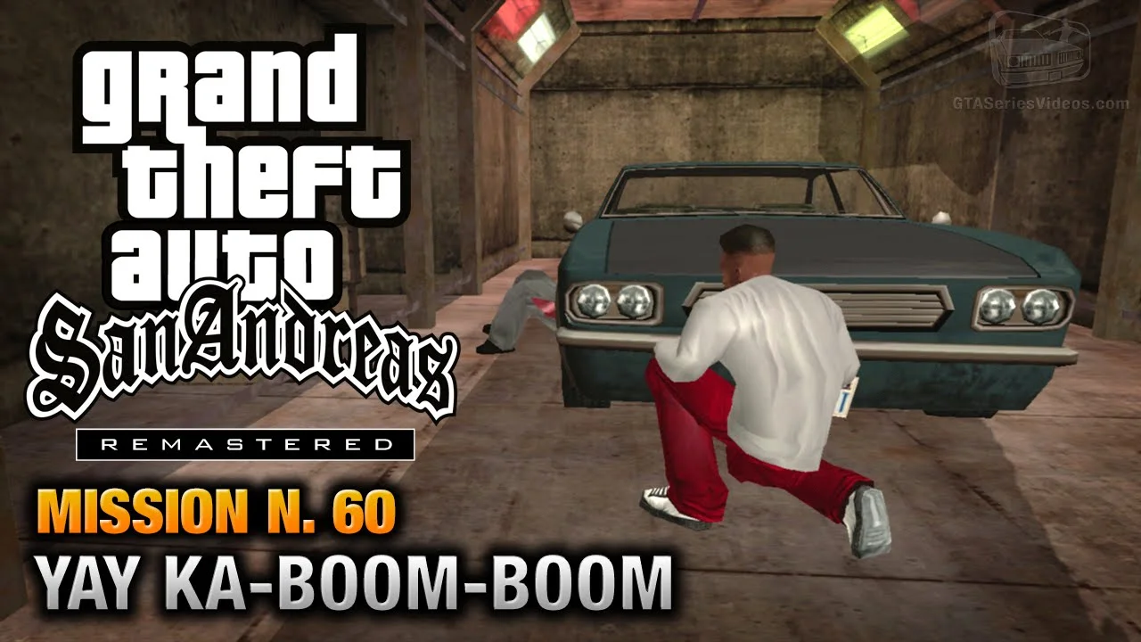 Carl Johnson driving the rigged bomb car into the factory basement